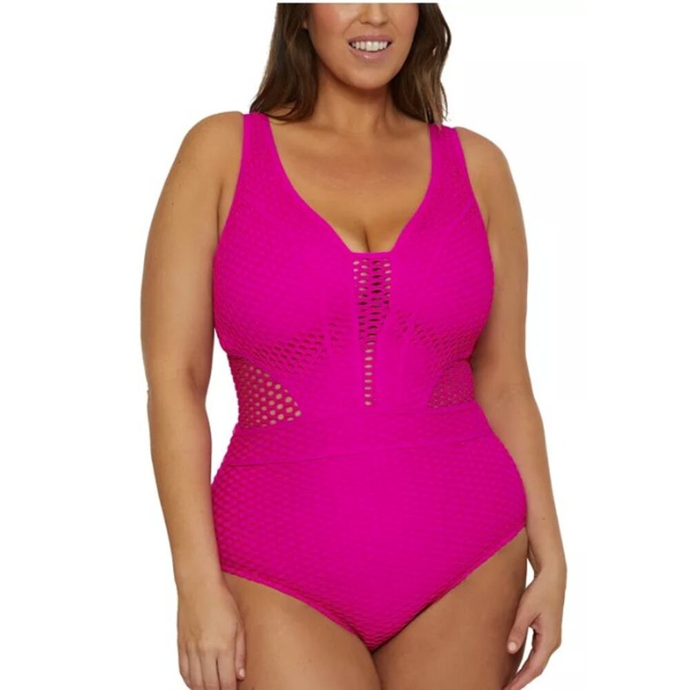 BECCA Castaway Plus Tummy Control One Piece Plunge Neck Size 2X 20-22 $158